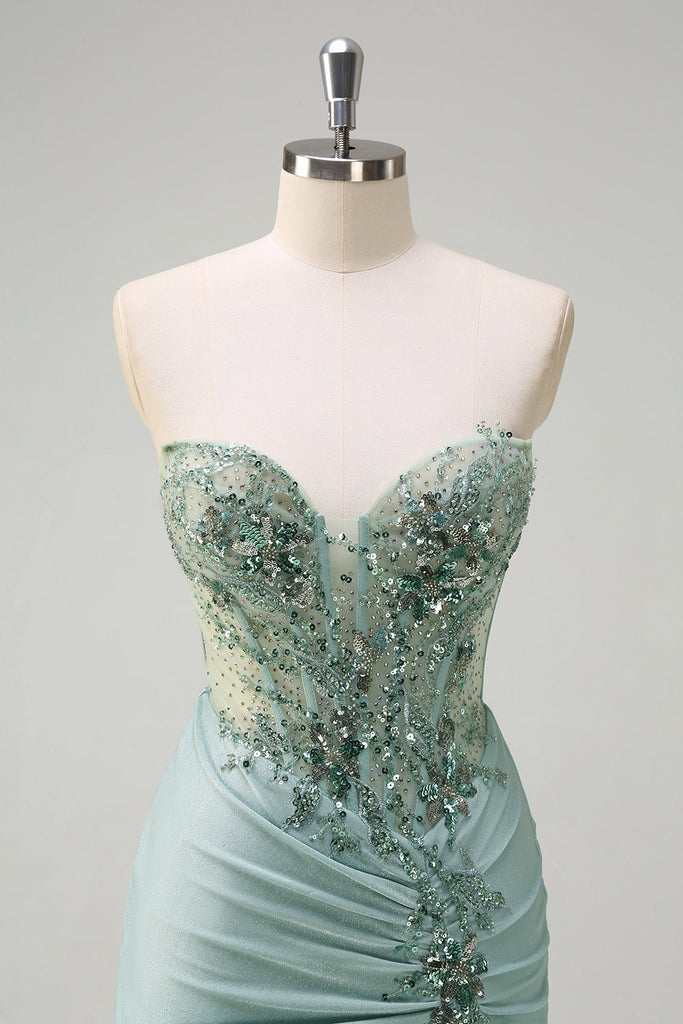 Sparkly Mermaid Spaghetti Straps Golden Corset Long Prom Dress with Slit main image 1