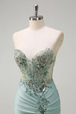 Sparkly Navy Mermaid Sequins Corset Long Prom Dress with Slit