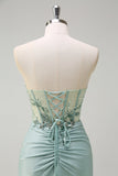 Sparkly Navy Mermaid Sequins Corset Long Prom Dress with Slit