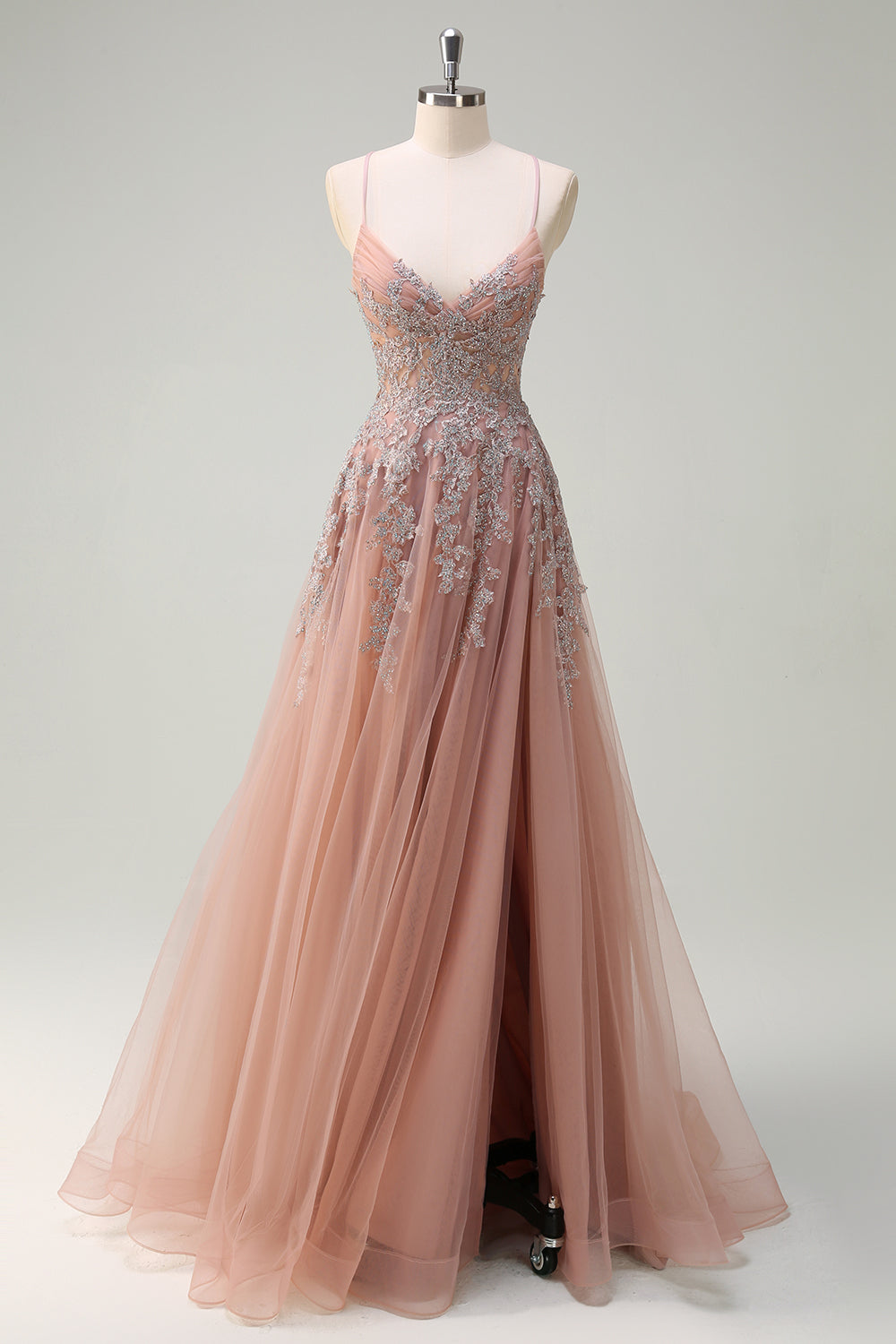 Lavender A Line Spaghetti Straps Tulle Beaded Long Prom Dress with Slit