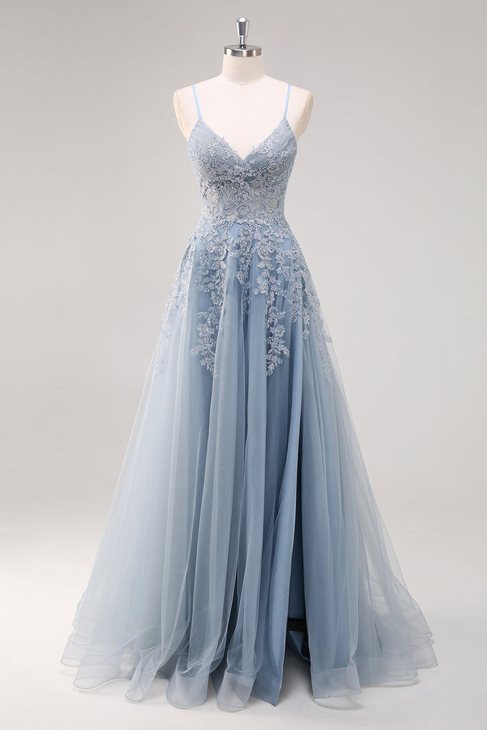 Lavender Flower Spaghetti Straps A Line Long Bridesmaid Dress with Slit
