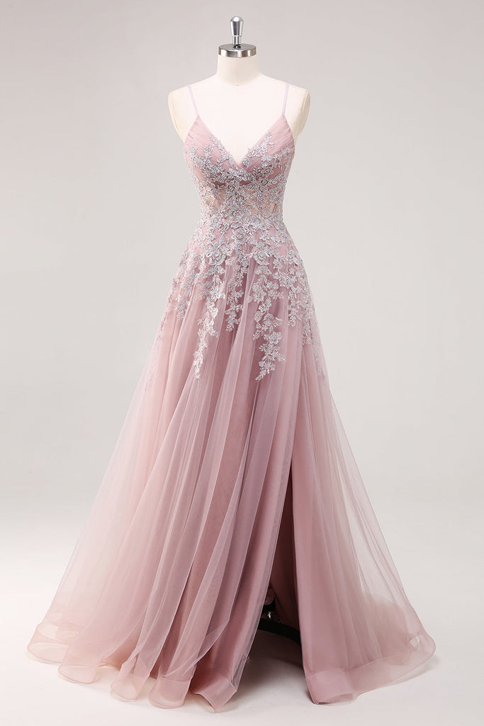 Lavender Spaghetti Straps Appliques Long Prom Dress with Slit