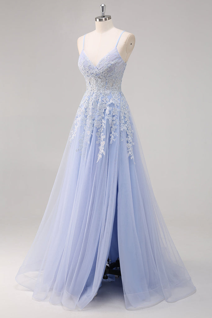 Spaghetti Straps Long Gown with Slit Lavender Plus Size