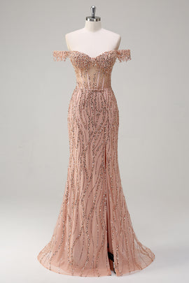 Dusty Rose Sequined Mermaid Off the Shoulder Prom Dress with Slit