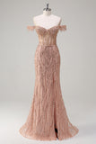 Dusty Rose Sequined Mermaid Off the Shoulder Prom Dress with Slit
