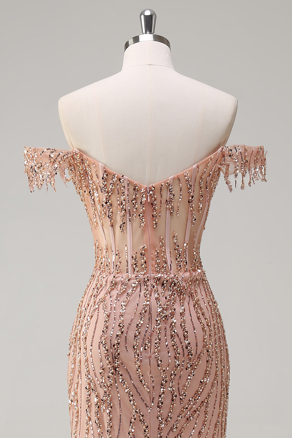 Dusty Rose Sequined Mermaid Off the Shoulder Prom Dress with Slit