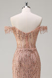 Dusty Rose Sequined Mermaid Off the Shoulder Prom Dress with Slit