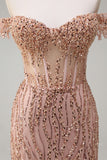 Dusty Rose Sequined Mermaid Off the Shoulder Prom Dress with Slit