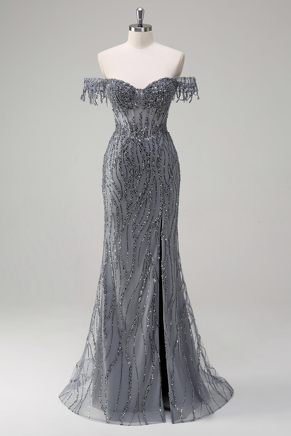 Dusty Rose Sequined Mermaid Off the Shoulder Prom Dress with Slit