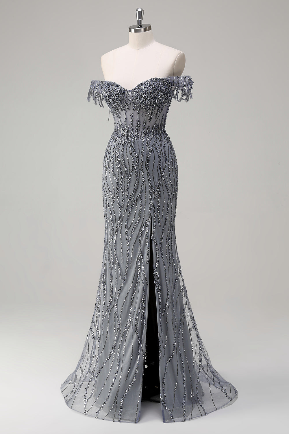 Dusty Rose Sequined Mermaid Off the Shoulder Prom Dress with Slit