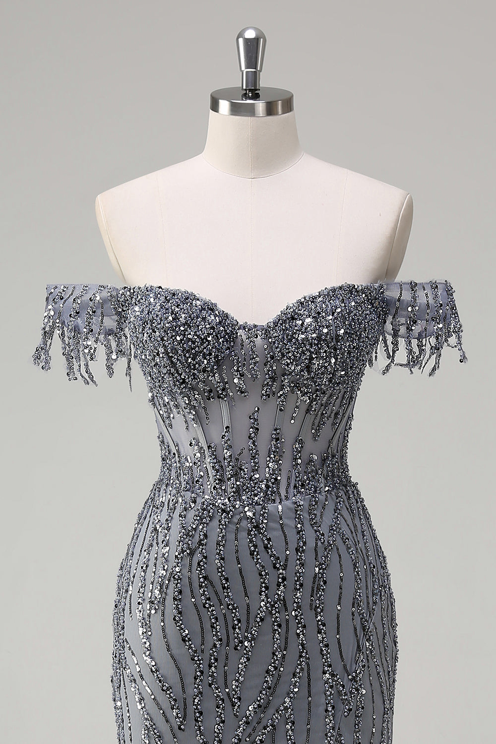 Dusty Rose Sequined Mermaid Off the Shoulder Prom Dress with Slit