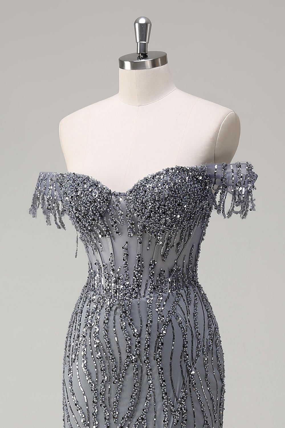 Dusty Rose Sequined Mermaid Off the Shoulder Prom Dress with Slit