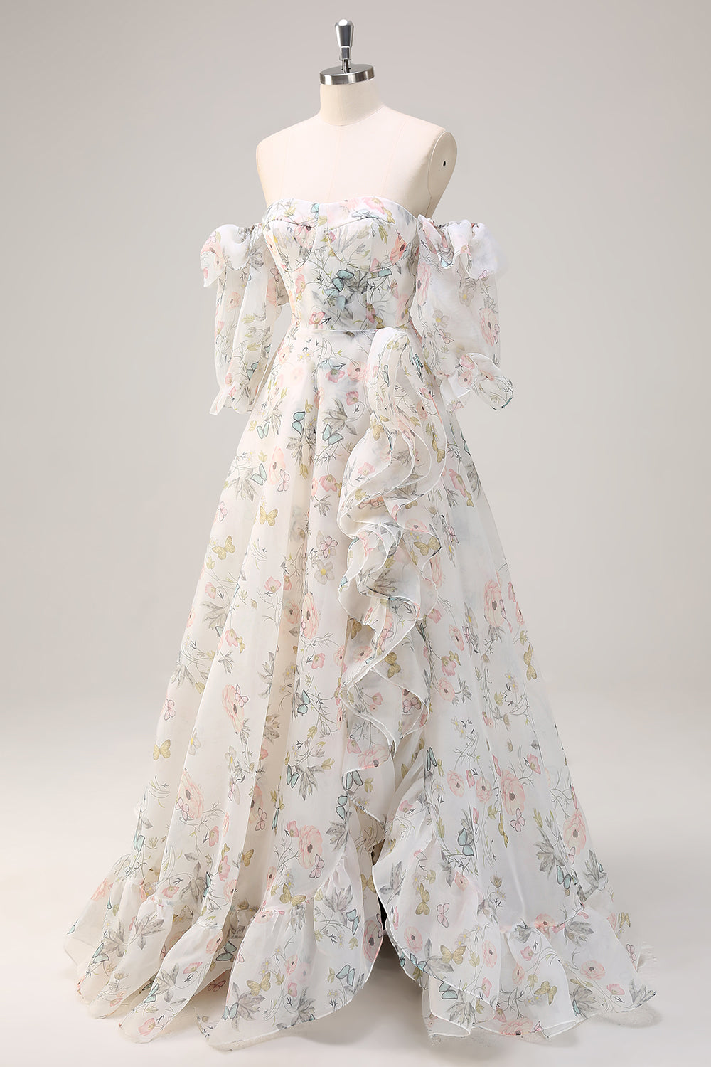 White Floral A-Line Off The Shoulder Ruffles Long Prom Dress with Slit
