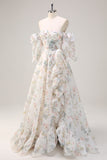 White Floral A-Line Off The Shoulder Ruffles Long Prom Dress with Slit
