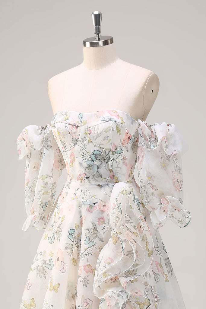 Square A Line Floral White Long Sleeve Prom Dress