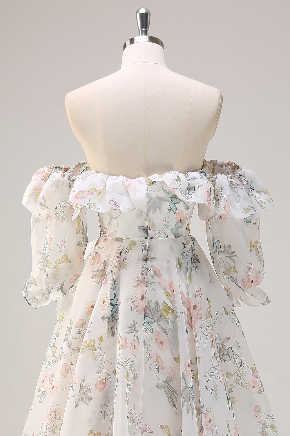 White Floral A-Line Off The Shoulder Ruffles Long Prom Dress with Slit