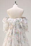 White Floral A-Line Off The Shoulder Ruffles Long Prom Dress with Slit