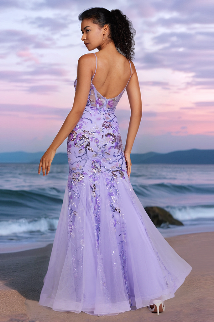 Purple Strapless Rhinestone Sweetheart Sparkly Mermaid Prom Dress