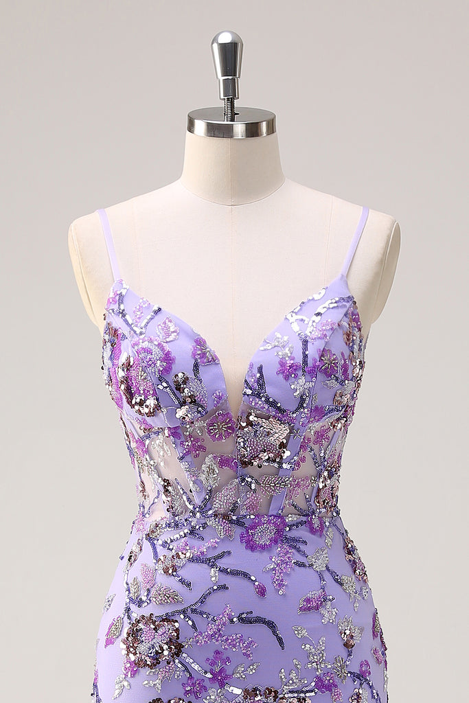 Unique Mermaid Purple Spaghetti Straps Satin Short Homecoming Dress 20th Birthday Outfits C5040 main image 1