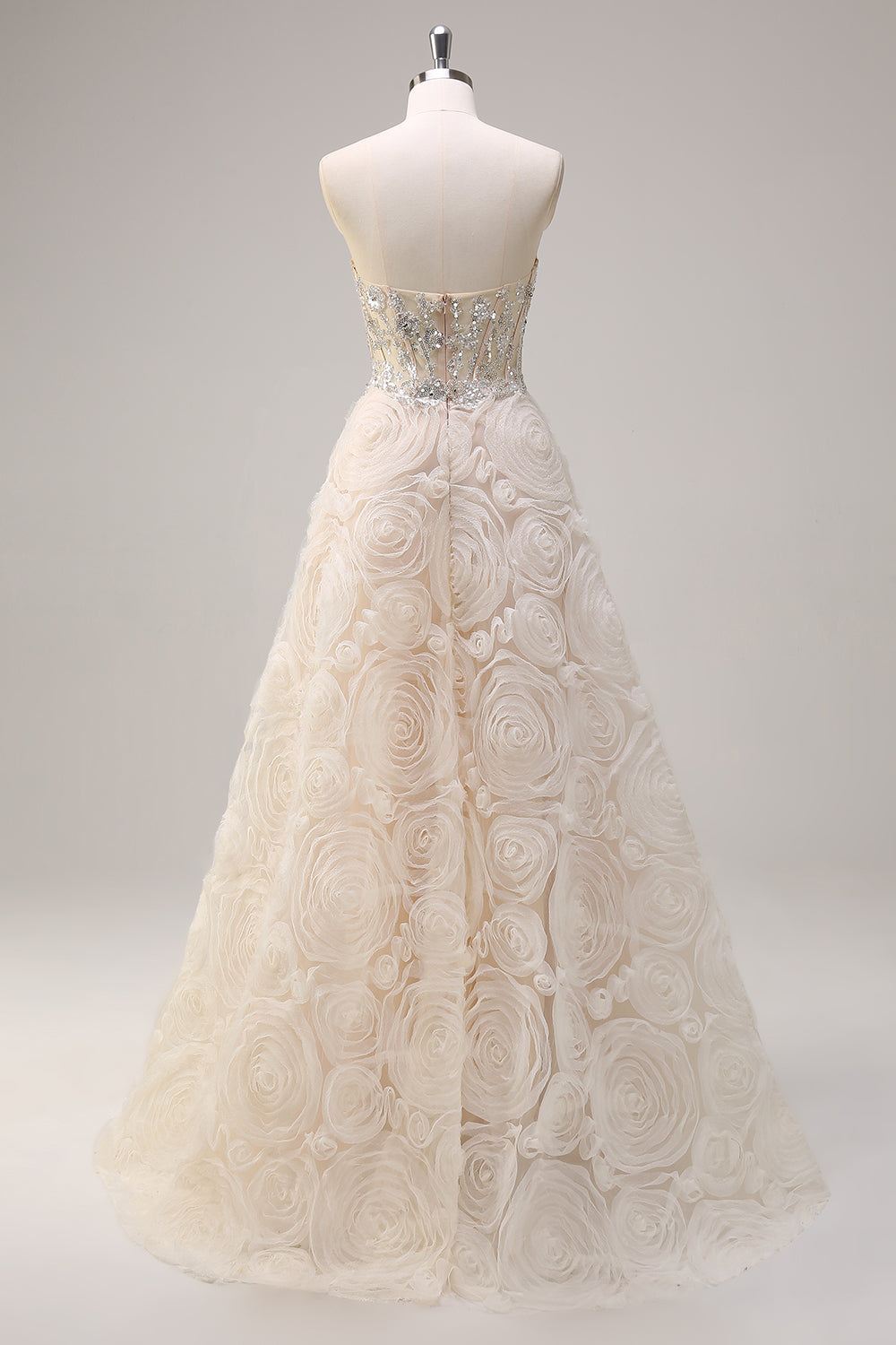 Shallow Champagne Floral Sequined Sweetheart A-Line Long Prom Dress