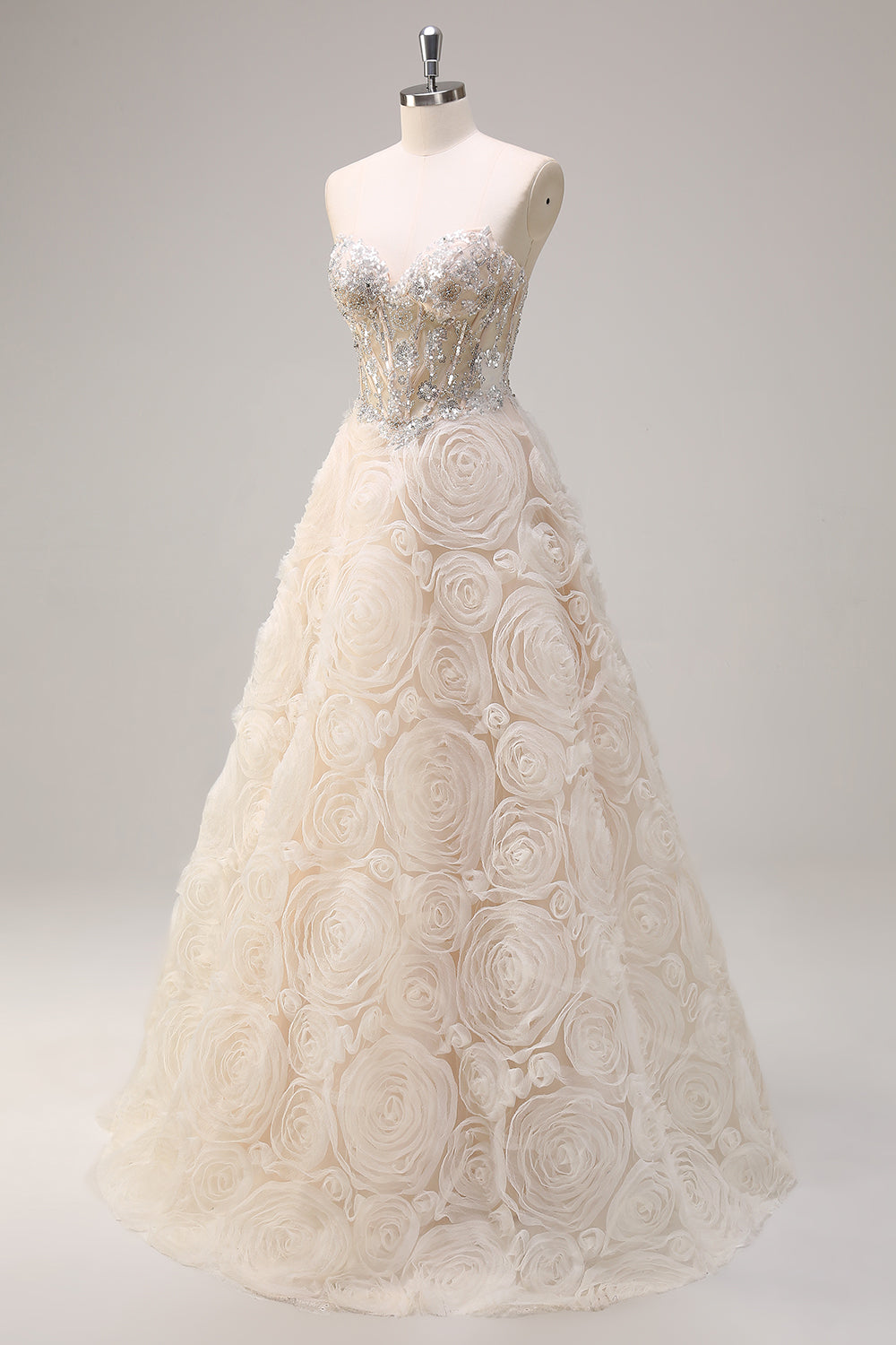 Shallow Champagne Floral Sequined Sweetheart A-Line Long Prom Dress