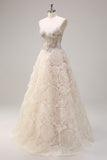 Shallow Champagne Floral Sequined Sweetheart A-Line Long Prom Dress