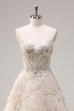 Shallow Champagne Floral Sequined Sweetheart A-Line Long Prom Dress