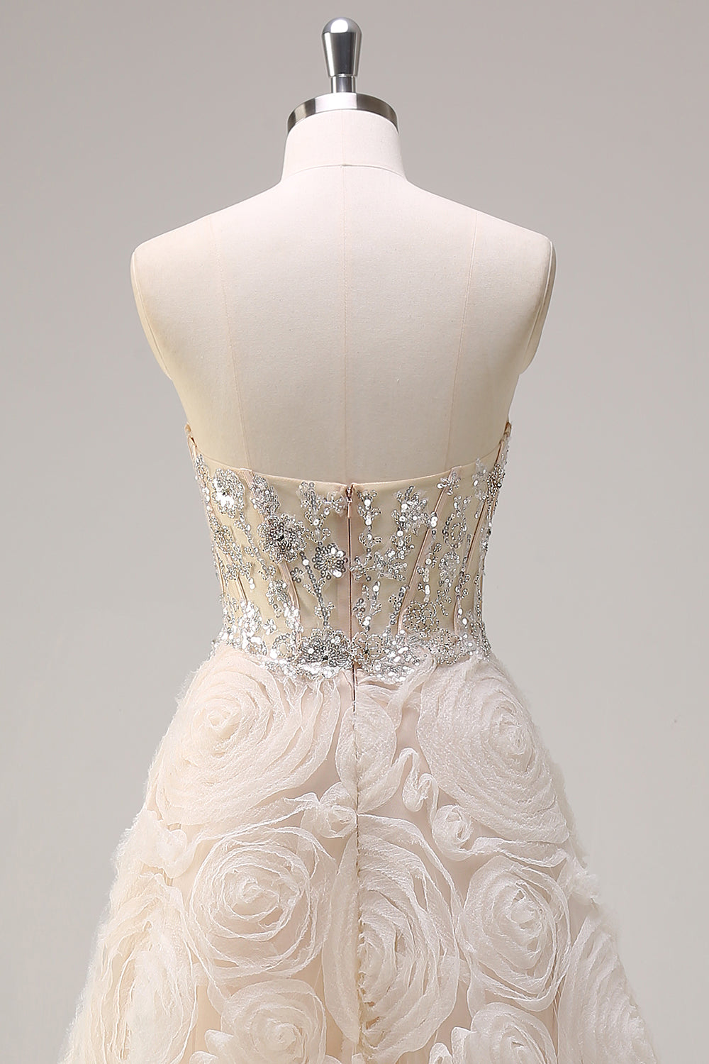 Shallow Champagne Floral Sequined Sweetheart A-Line Long Prom Dress