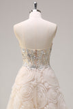 Shallow Champagne Floral Sequined Sweetheart A-Line Long Prom Dress