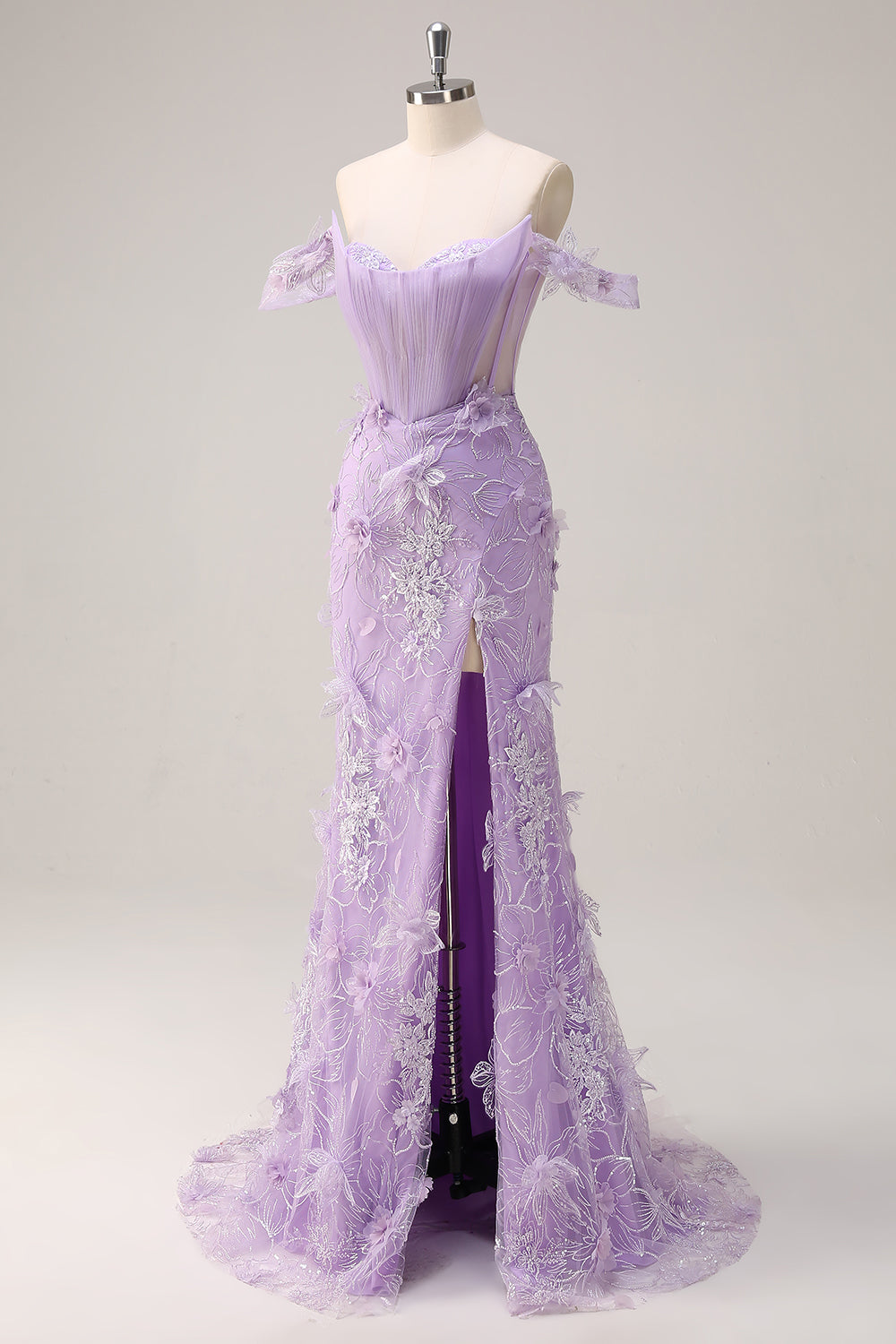 Lilac Off the Shoulder Mermaid Long Corset Prom Dress with 3D Flowers