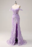 Lilac Off the Shoulder Mermaid Long Corset Prom Dress with 3D Flowers