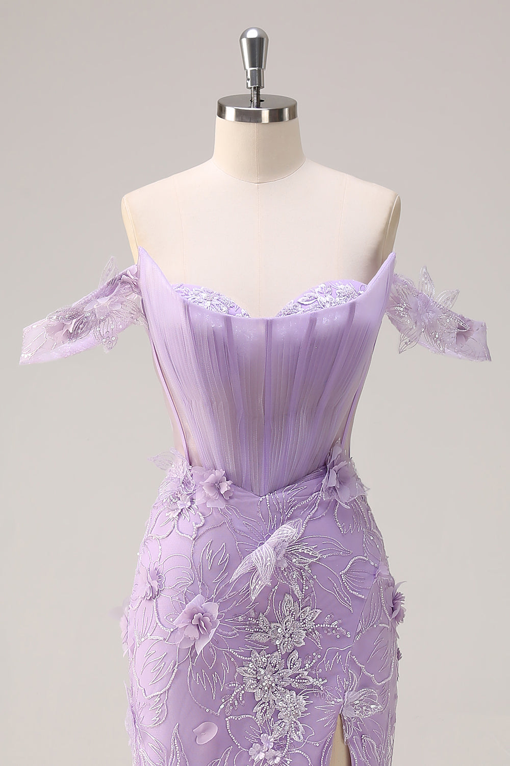 Lilac Off the Shoulder Mermaid Long Corset Prom Dress with 3D Flowers