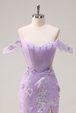 Lilac Off the Shoulder Mermaid Long Corset Prom Dress with 3D Flowers