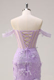 Lilac Off the Shoulder Mermaid Long Corset Prom Dress with 3D Flowers
