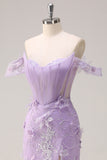 Lilac Off the Shoulder Mermaid Long Corset Prom Dress with 3D Flowers
