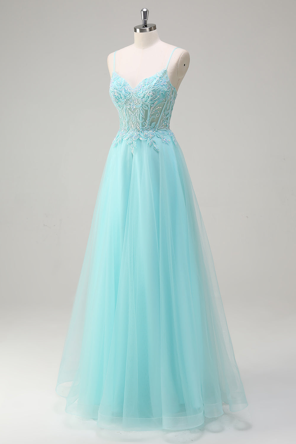 Zapakasa Women Sky Blue Applique Beaded A-Line Prom Dress Spaghetti Straps Corset Tulle Formal Dress Zapakasa Women Sky Blue Applique Beaded A-Line Prom Dress Spaghetti Straps Corset Tulle Formal Dress
