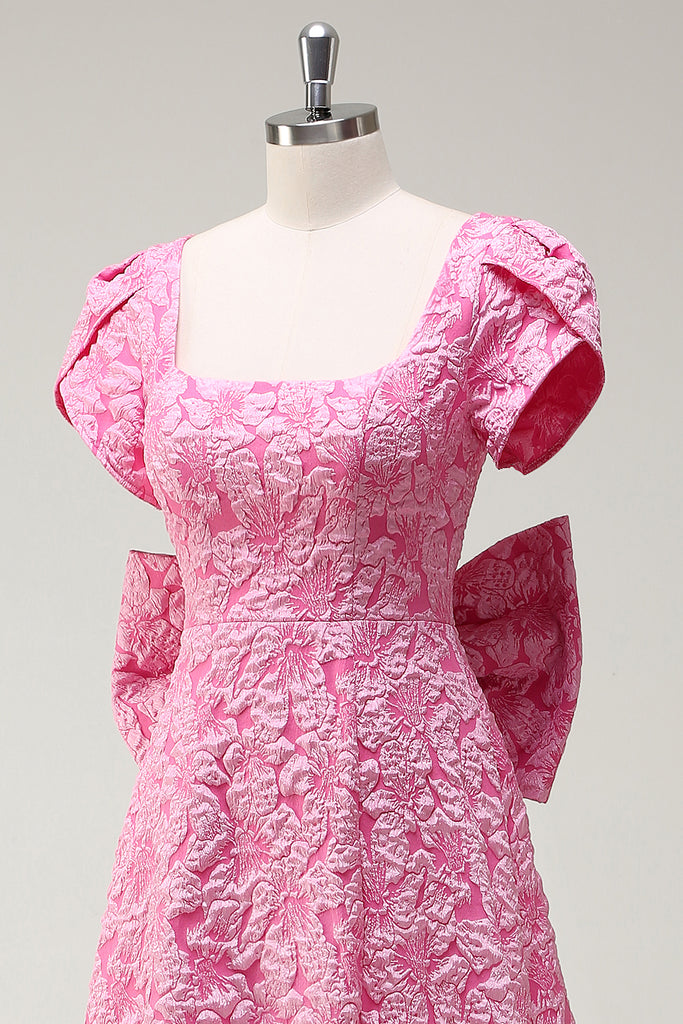 Fuchsia A Line V Neck Irregular Long Prom Dress main image 0