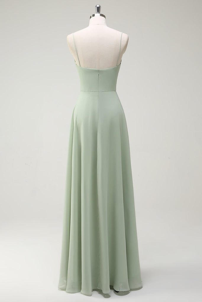 Dusty Sage A Line Spaghetti Straps Long Satin Bridesmaid Dress