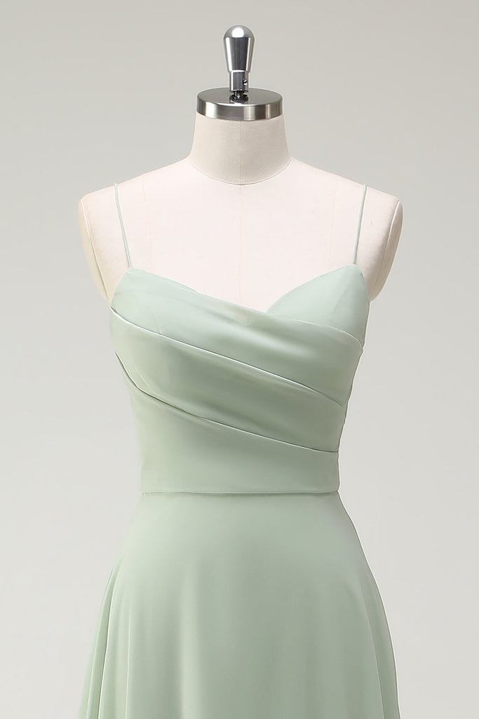 Dusty Sage A Line Spaghetti Straps Satin Long Bridesmaid Dress main image 1
