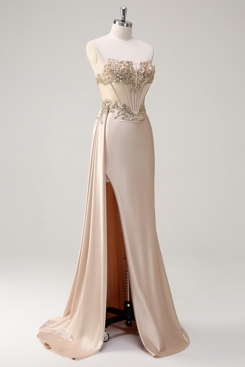 Zapakasa Women Champagne Mermaid Satin Prom Dress with Sequins Strapless Corset Side Cape Formal Dress Zapakasa Women Champagne Mermaid Satin Prom Dress with Sequins Strapless Corset Side Cape Formal Dress