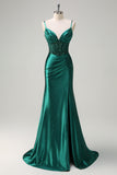 Dark Green Sequined Mermaid Ruche Prom Dress Beaded Spaghetti Straps Corset Evening Dress with Slit