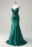 Dark Green Sequined Mermaid Spaghetti Straps Long Prom Dress with Slit