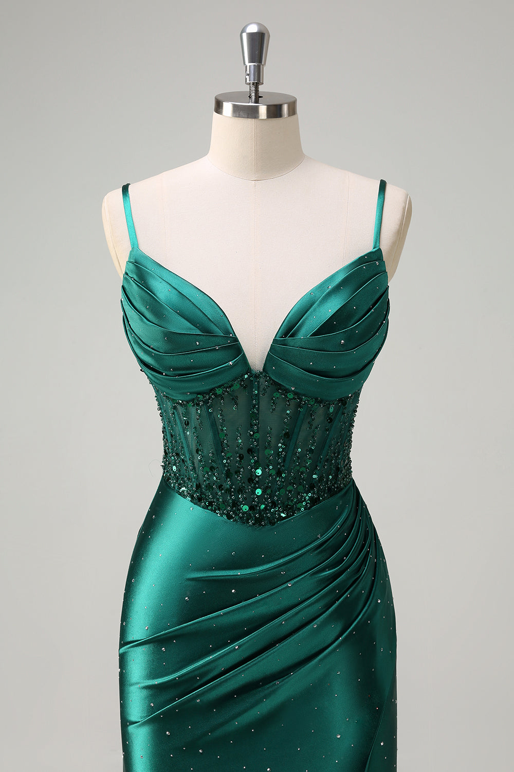 ZAPAKA Women Dark Green Corset Mermaid Prom Dress with Beading Spaghetti Straps Long Evening Dress with Slit, Dark Green / UK16