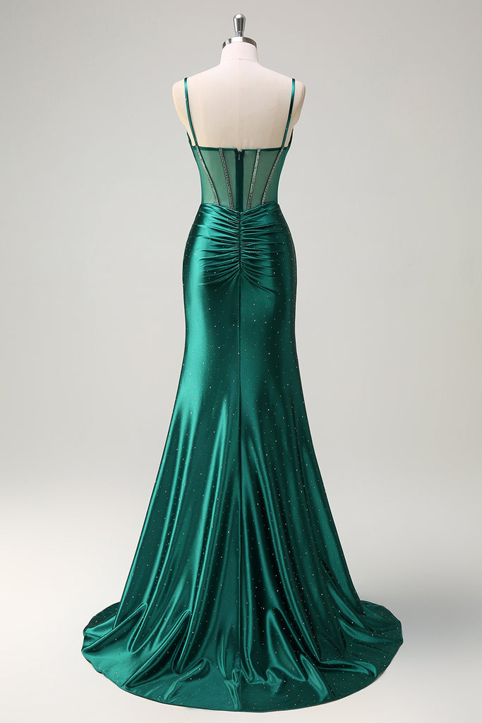 Mermaid Spaghetti Straps Dark Green Long Ball Dress with Beading