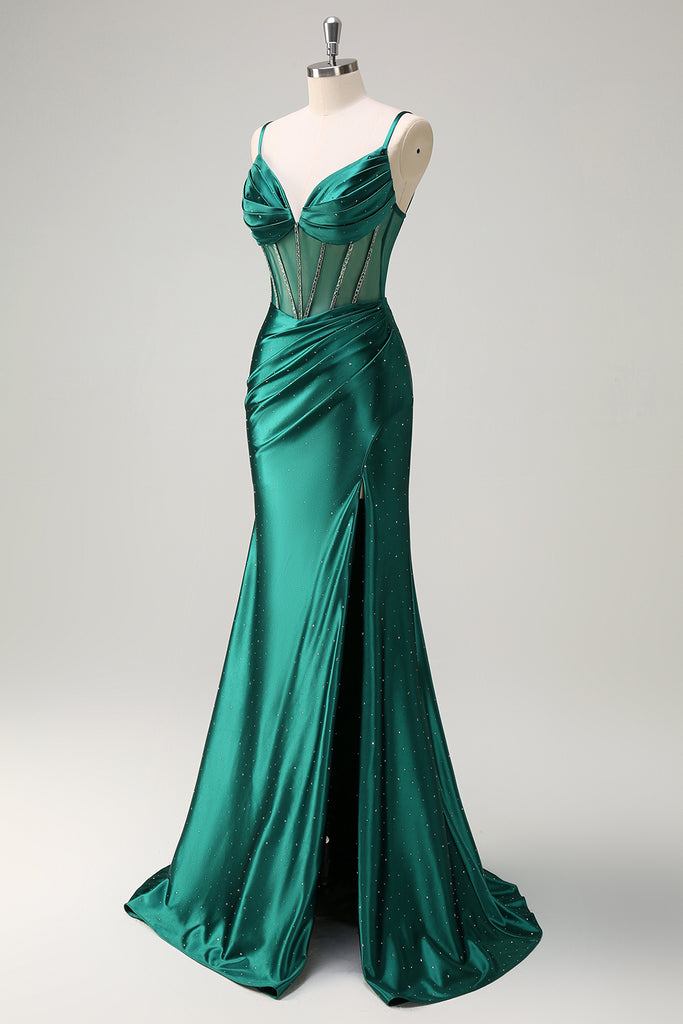 Dark Green Mermaid Spaghetti Straps Corset Satin Bridesmaid Dress with Slit