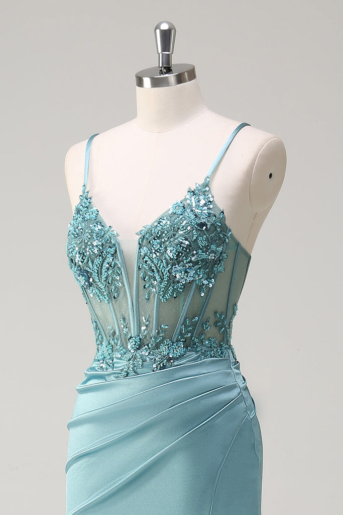 Sparkly Mermaid Army Green Corset Lace Up Back Long Ball Dress with Slit
