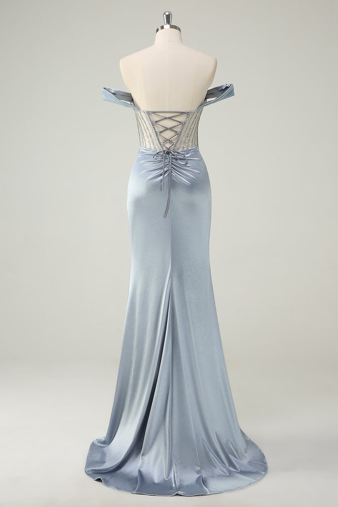 Dusty Blue Mermaid Corset Beaded Long Ball Dress with Lace Up Back main image 1