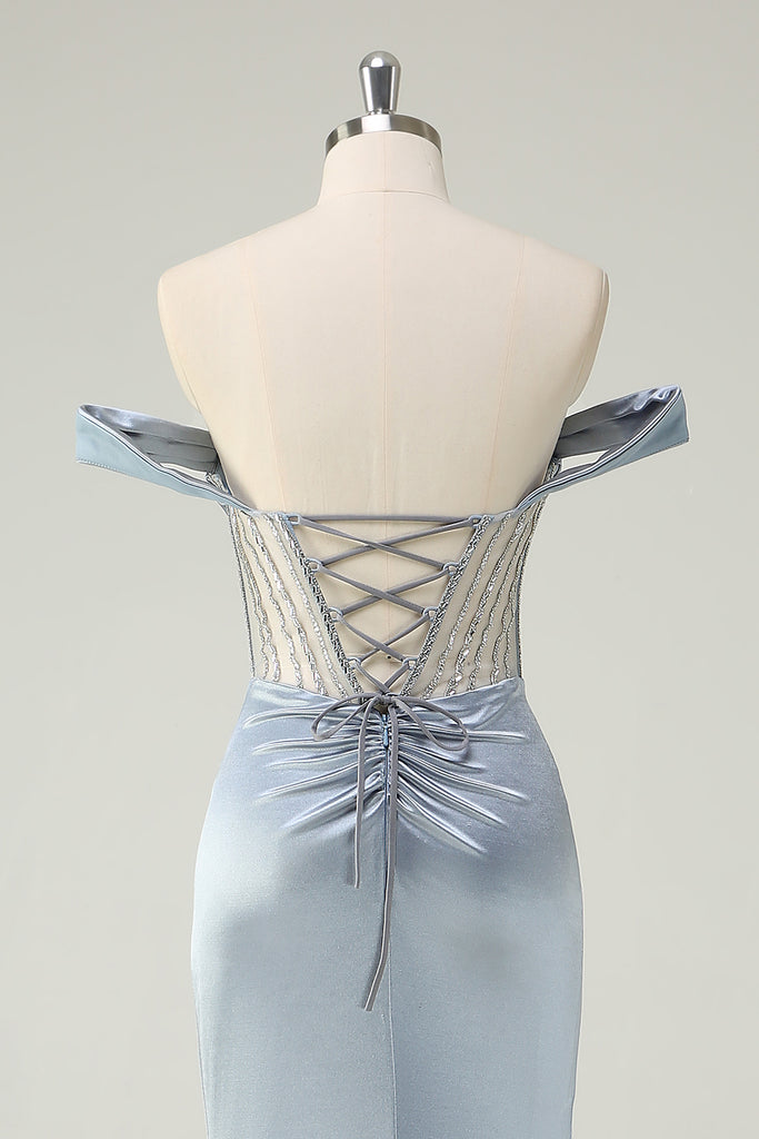 Dusty Blue Mermaid Corset Off The Shoulder Long Prom Dress With Slit main image 0