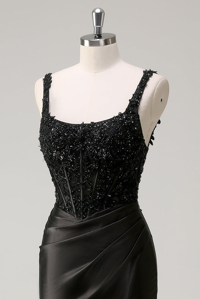 Spaghetti Straps Pleated Bodycon Dress With Slit Black