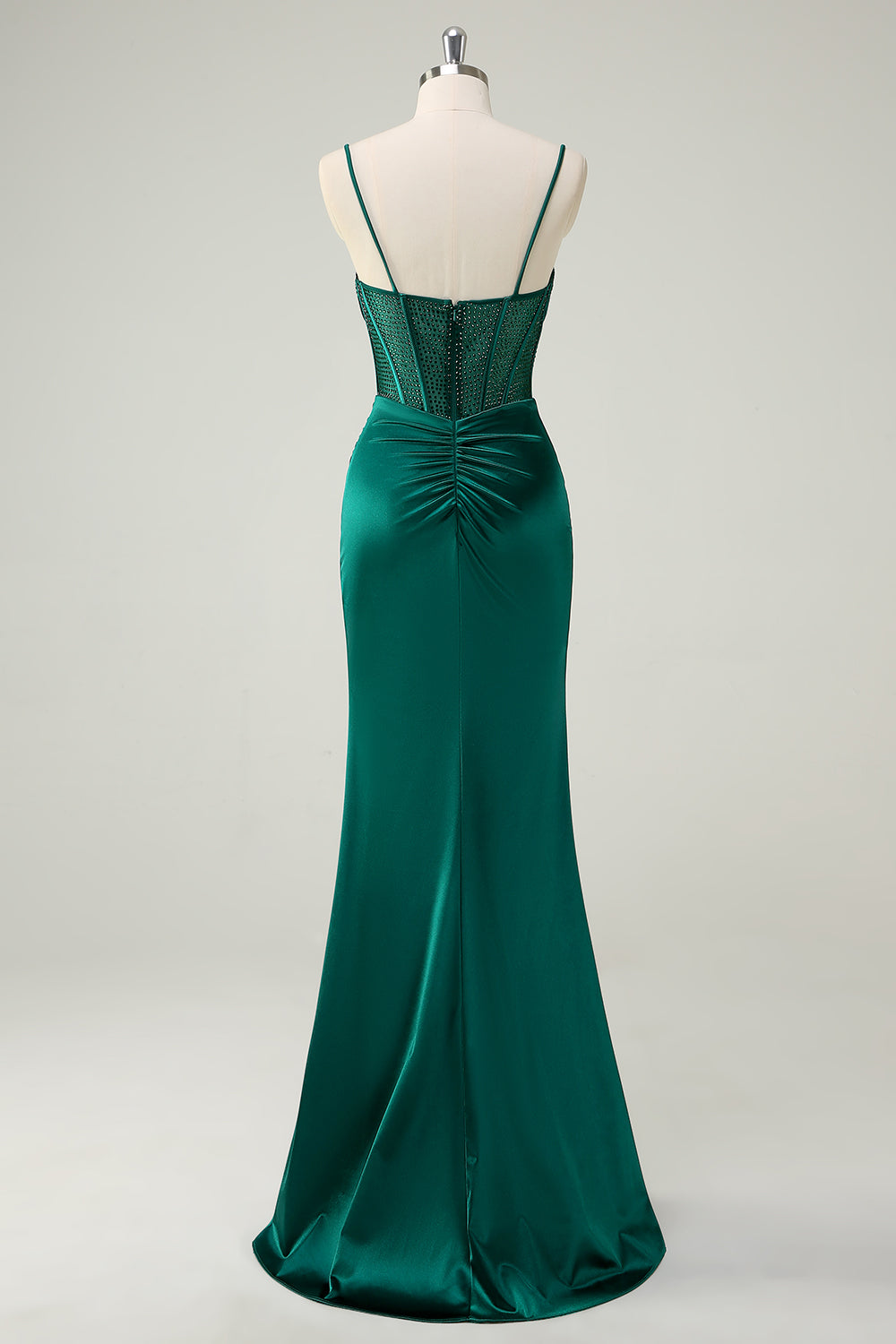 Zapakasa Women Dark Green Beaded Mermaid Ruche Prom Dress Spaghetti Straps Satin Evening Dress with Slit Zapakasa Women Dark Green Beaded Mermaid Ruche Prom Dress Spaghetti Straps Satin Evening Dress with Slit
